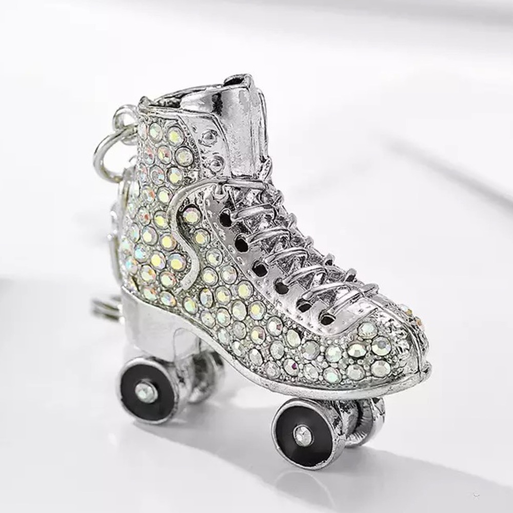 Silver Iridescent Crystal Roller Skate Keychain Charm
